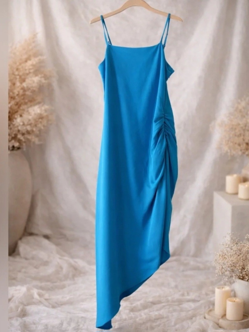 Sugarlips Turquoise Blue Asymmetrical Slip Dress with Side Ruching Bold & sexy